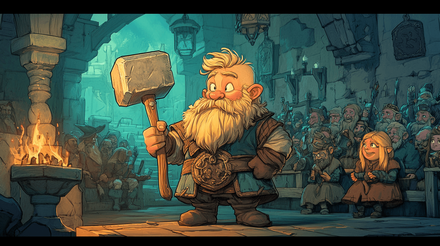 Ein junger blondbärtiger Zwerg bereitet sich darauf vor, einen Amboss in einer unterirdischen Turnierarena zu werfen, während eine Zwergenprinzessin aus der Menge zuschaut