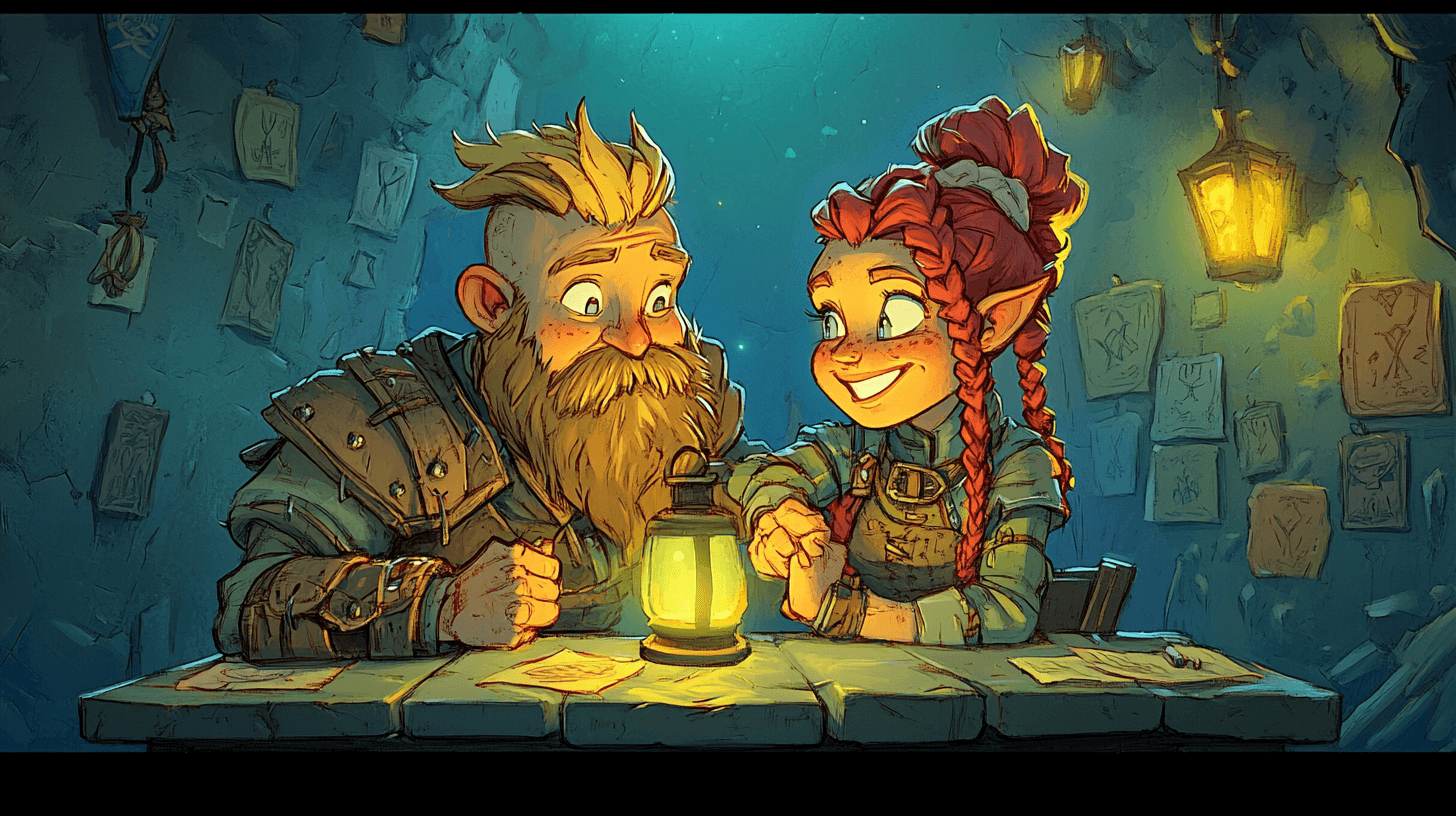 A young blond-bearded dwarf gazing at a dwarven princess with fourteen copper-red braids in an underground academy hall