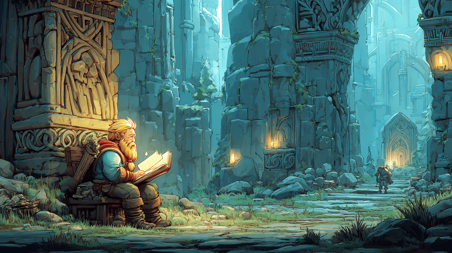 A young blond-bearded dwarf sitting alone at a stone desk in a vast underground academy hall, reading a book by lantern light