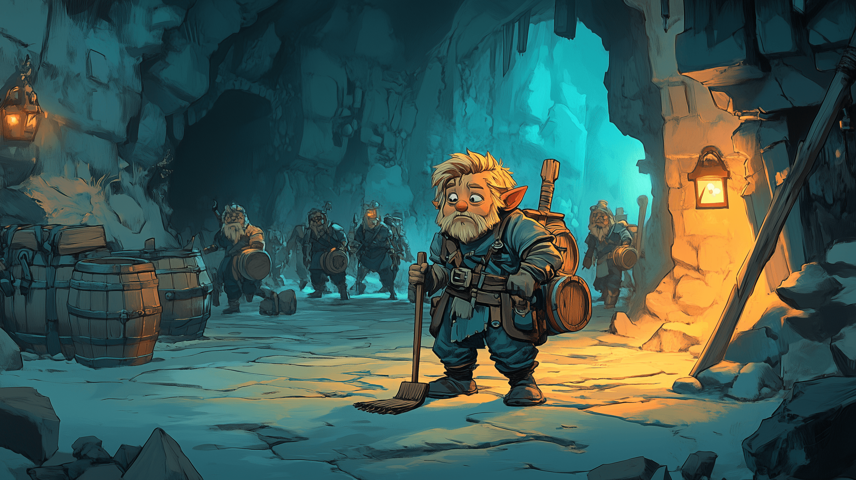 A young dwarf with a mop standing in a vast underground crossroads, fuel miners marching past