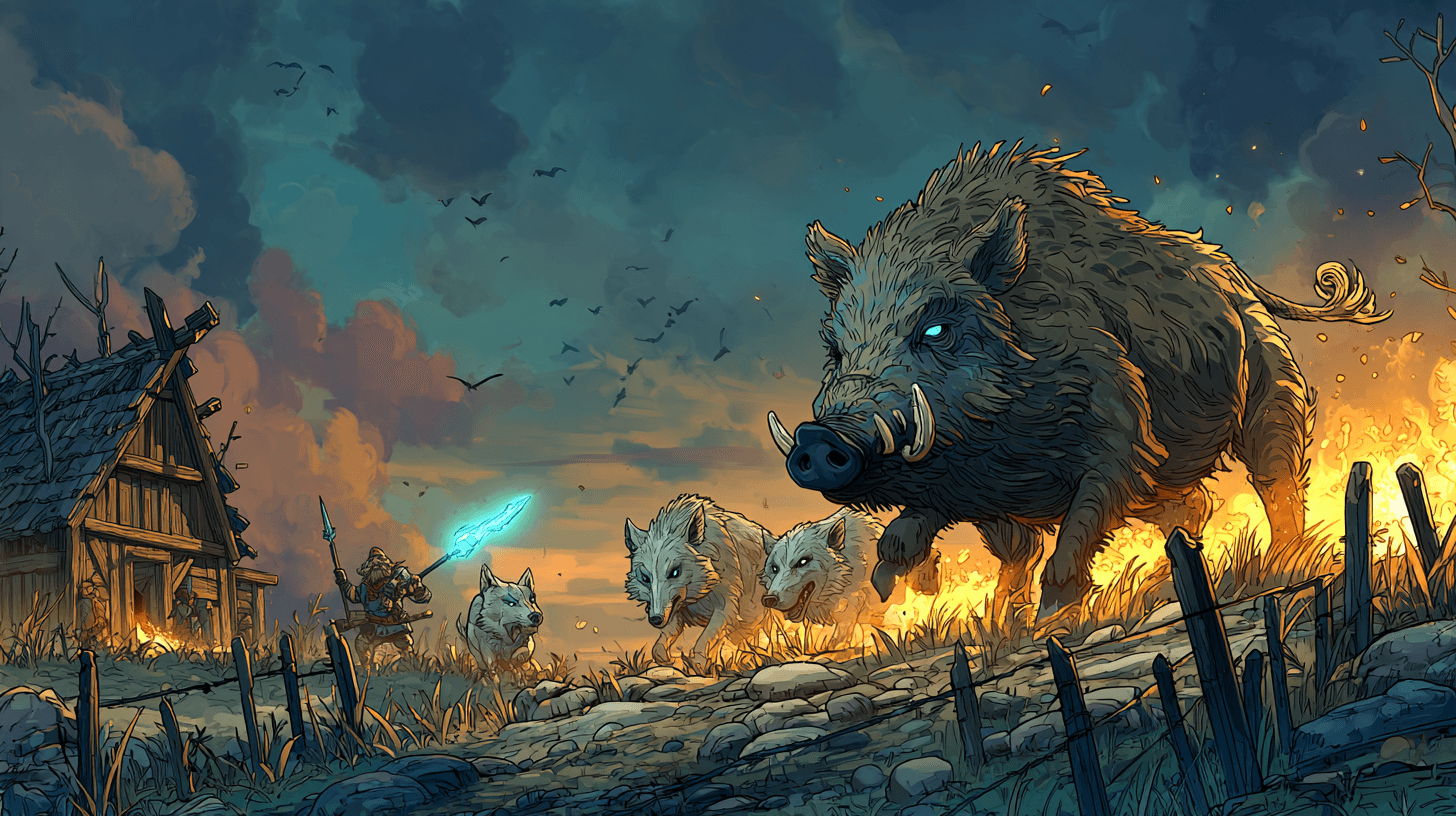 A massive wild boar charging into a line of pale-eyed wolves at a farm fence at dusk, a small blond-bearded dwarf with a glowing spear behind it
