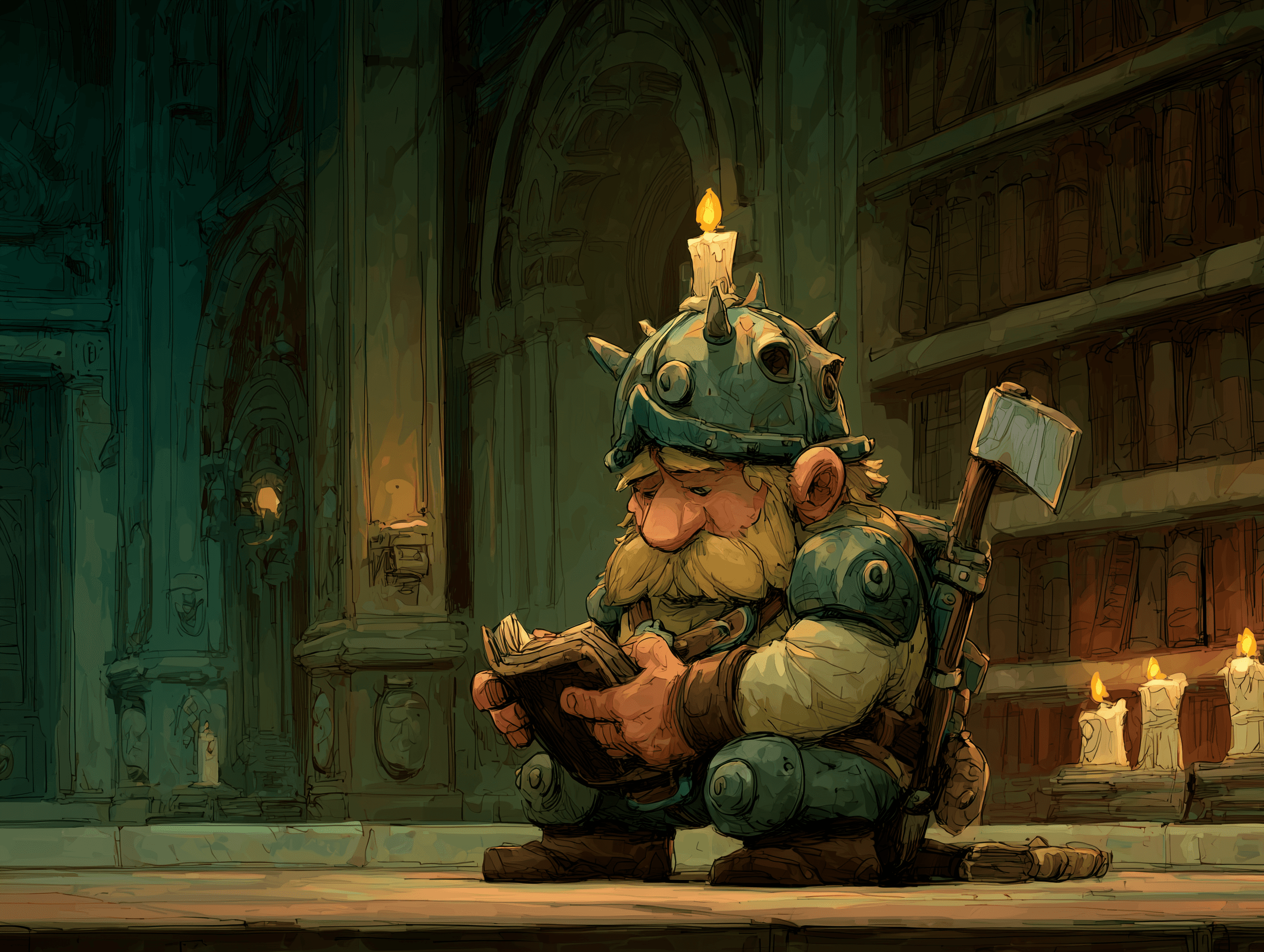 A young dwarf standing in a grand hall with an anvil-shaped hole in the wall behind him