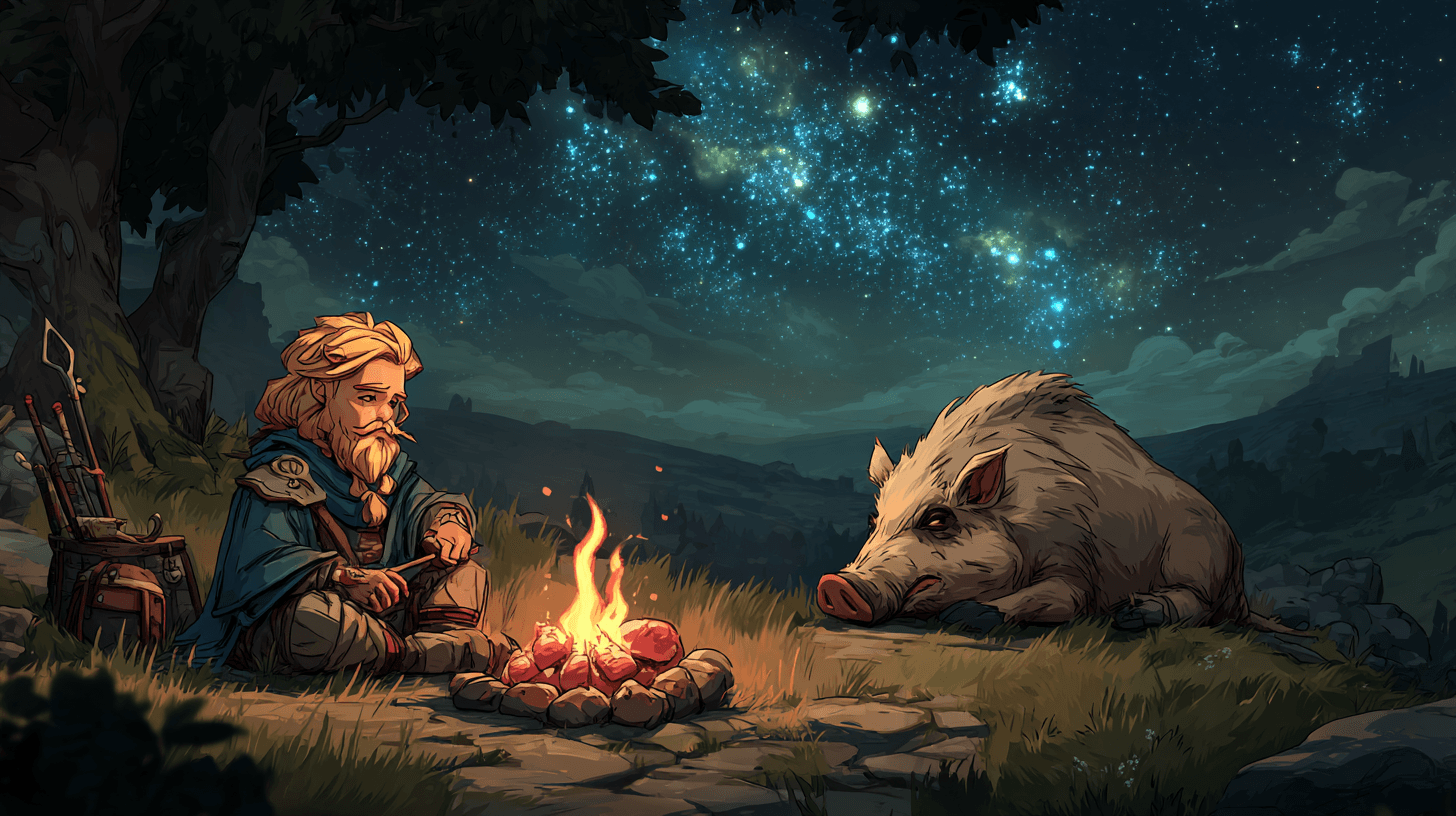 Ein junger blondbärtiger Zwerg sitzt nachts an einem Lagerfeuer auf einem Hügel, ein Wildschwein schläft friedlich im Gras unter einem Sternenhimmel
