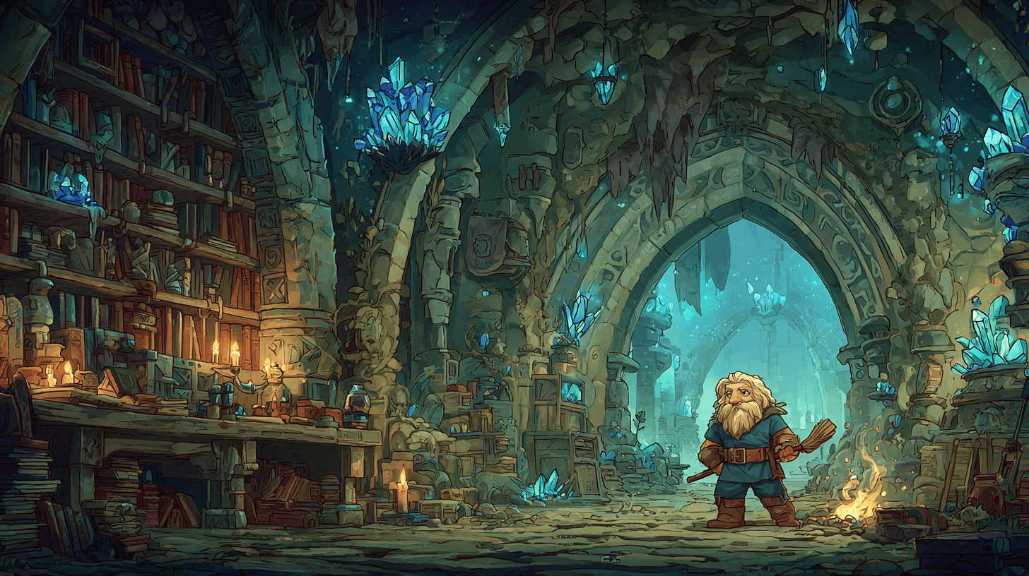 Ein junger blonder Zwerg fällt mit seinem Mopp durch einen dunklen vertikalen Steinschacht, Staub und Trümmer fallen um ihn herum