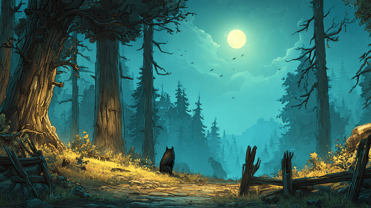 A dark forest at night with two eerie yellow glowing eyes between the trees and a clawed fence in the foreground