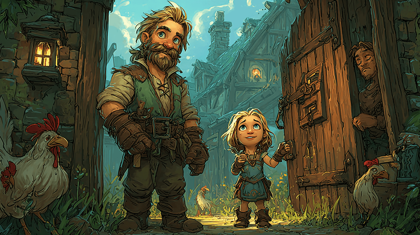 A young blond-bearded dwarf at a farm gate with a small human girl grabbing his beard while her family watches from the doorway