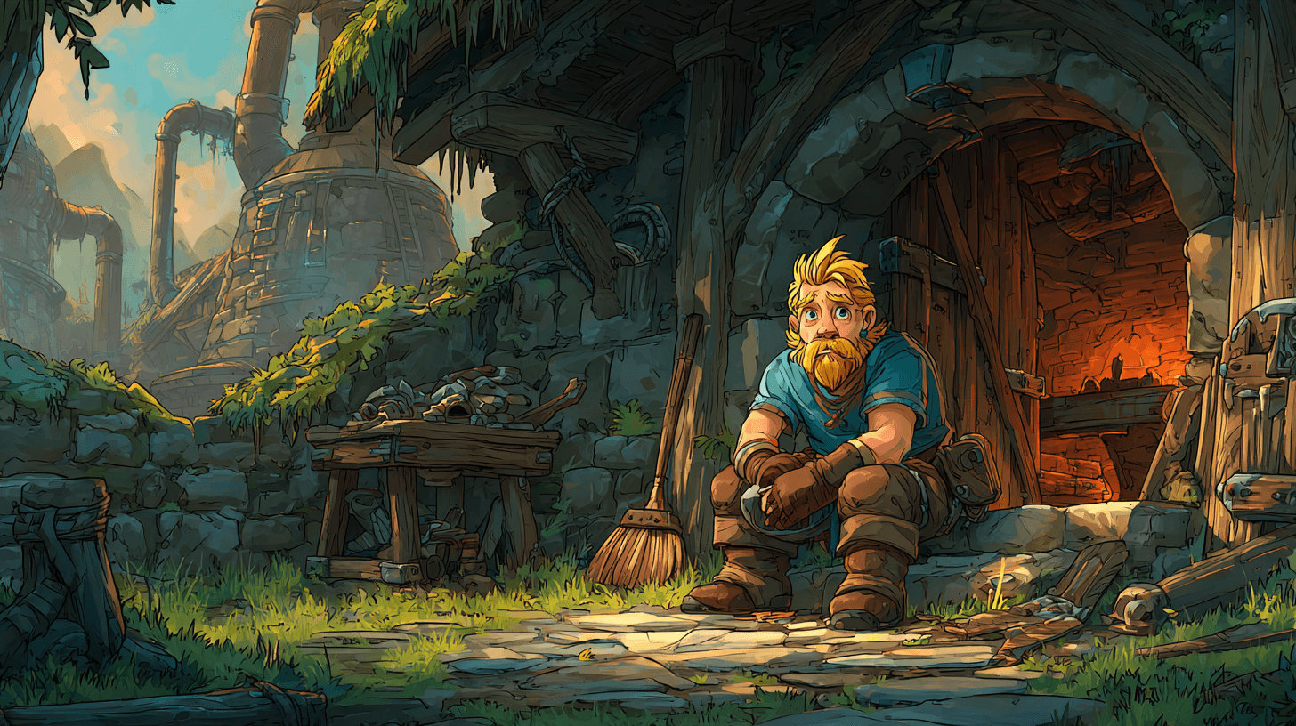 A blond-bearded dwarf sitting on a stump beside a crude cobwebbed farm forge, holding scrap iron, with a faint ghostly vision of a vast underground forge glowing in the background