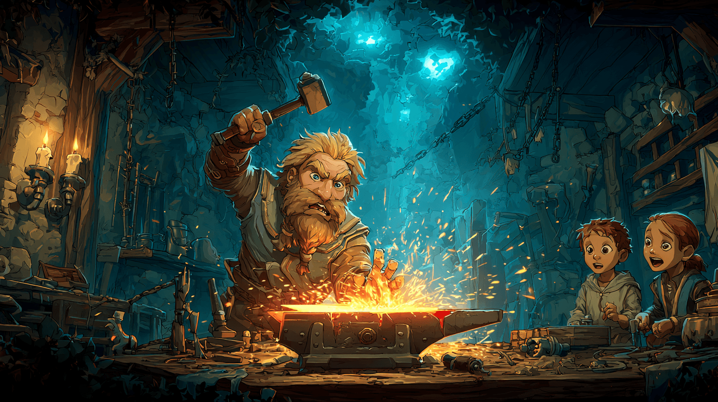 A blond-bearded dwarf at a primitive forge in a trance-like state with blue-white energy radiating from the metal, a human family watching open-mouthed in the background and a wild boar standing nearby