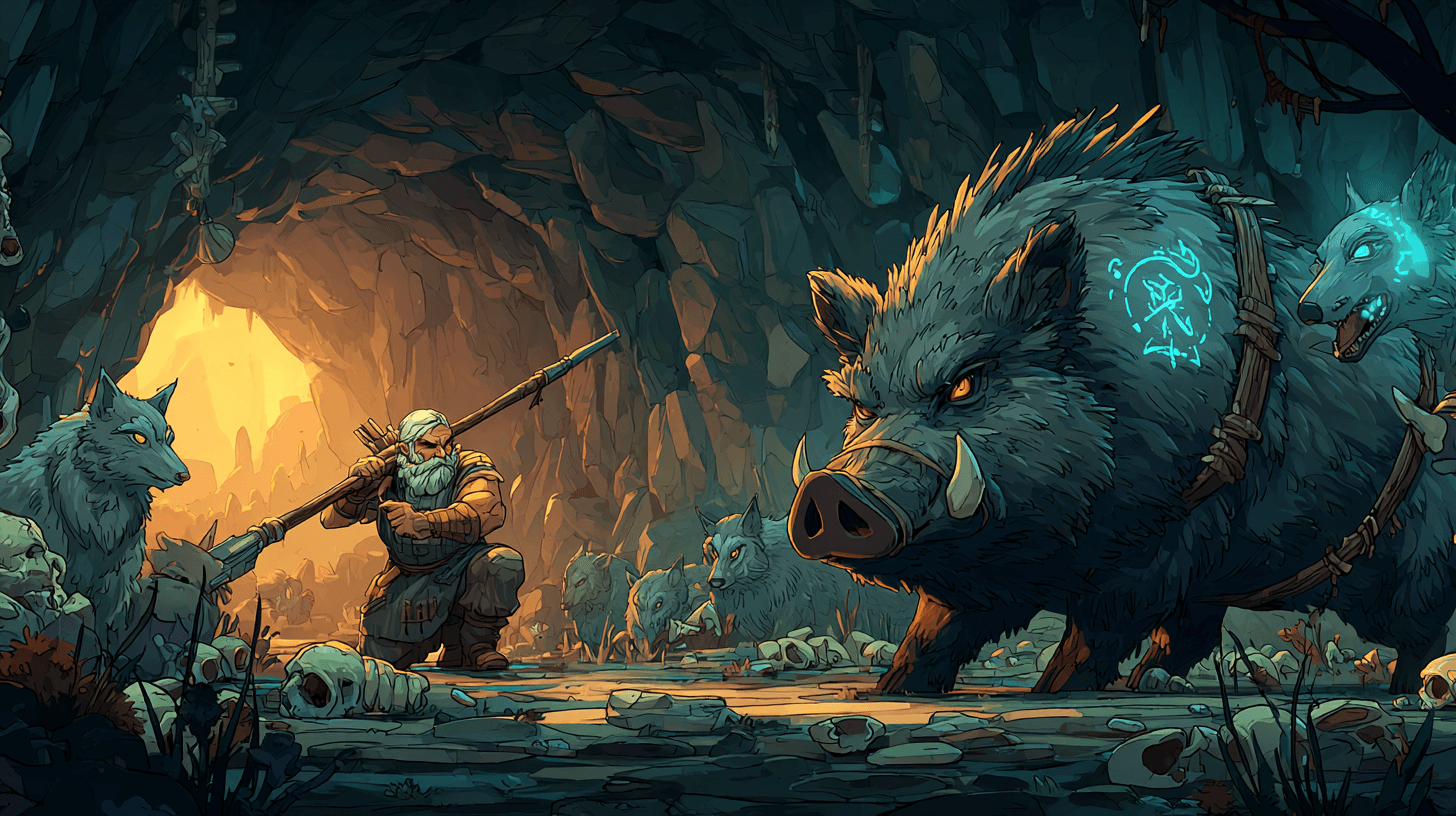 A massive wild boar filling a narrow cave tunnel with a blond-bearded dwarf behind it thrusting a faintly glowing blue spear over the boar's back at snarling wolves ahead, dramatic underground lighting