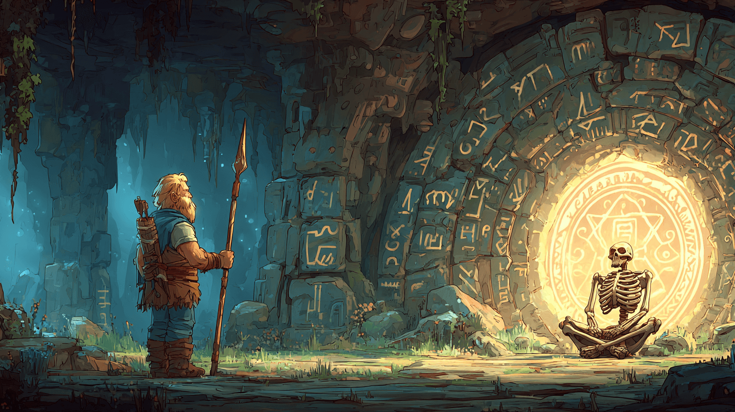 A blond-bearded dwarf standing in a dark cave chamber illuminated by blinding white light from a spear rune, a dwarven skeleton seated upright in the center surrounded by glowing carved runes on every surface, a smooth far wall emanating dread